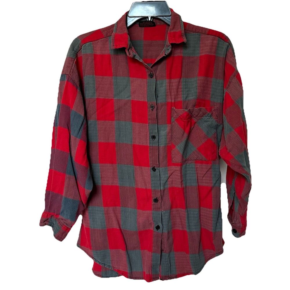 Vtg Jonathan Hunter Top Women’s Med 3/4 Sleeve Button Up Red Black Plaid Cabin
